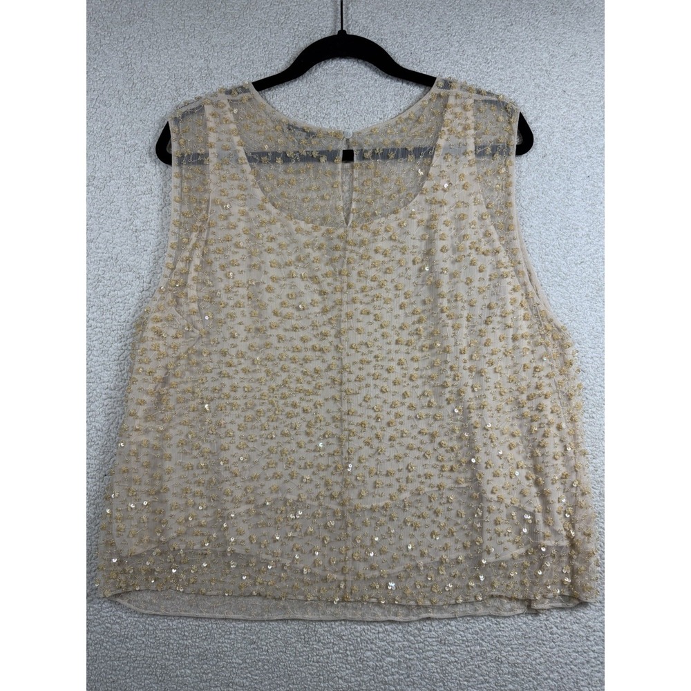 Anne Klein Womens 24W Gold Sequin Beaded Mesh Sleeveless Blouse Plus Size